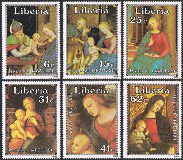 Liberia 1983 500th Anniversary of the Birth of Raphael, Paintings Stamps Liberia 1983 500th Anniversary of the Birth of Raphael, Paintings Stamps
